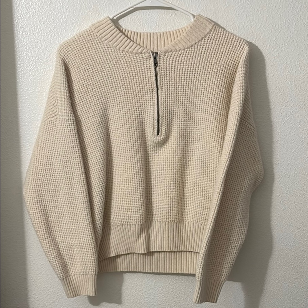 Madewell Beige Waffle Knit Half-Zip Sweater